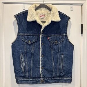 Vintage Levi's Sherpa Vest Mens Large Denim Trucker Made in USA 80's Jean Jacket